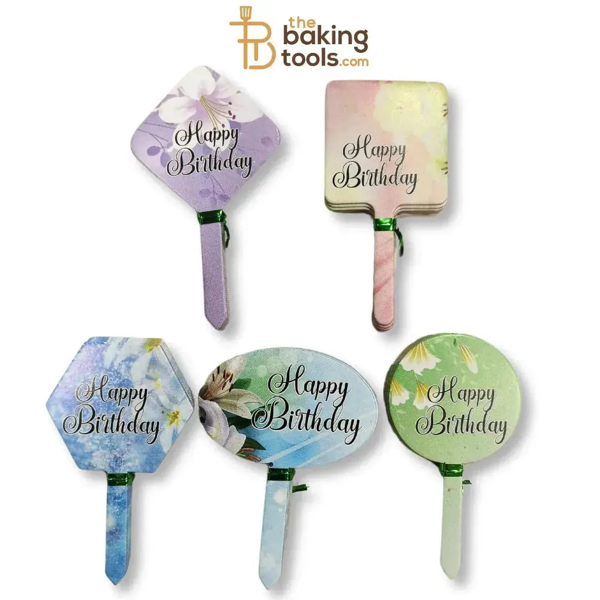 Happy Birthday Paper Tag Cake Topper - 100 Pcs Pack(Flower Themed) - thebakingtools.com